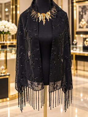 Elegant Ladies Sheer Silk Feel Embroidered Black Fringe Shawl  ✨21" X 63" NWOT✨